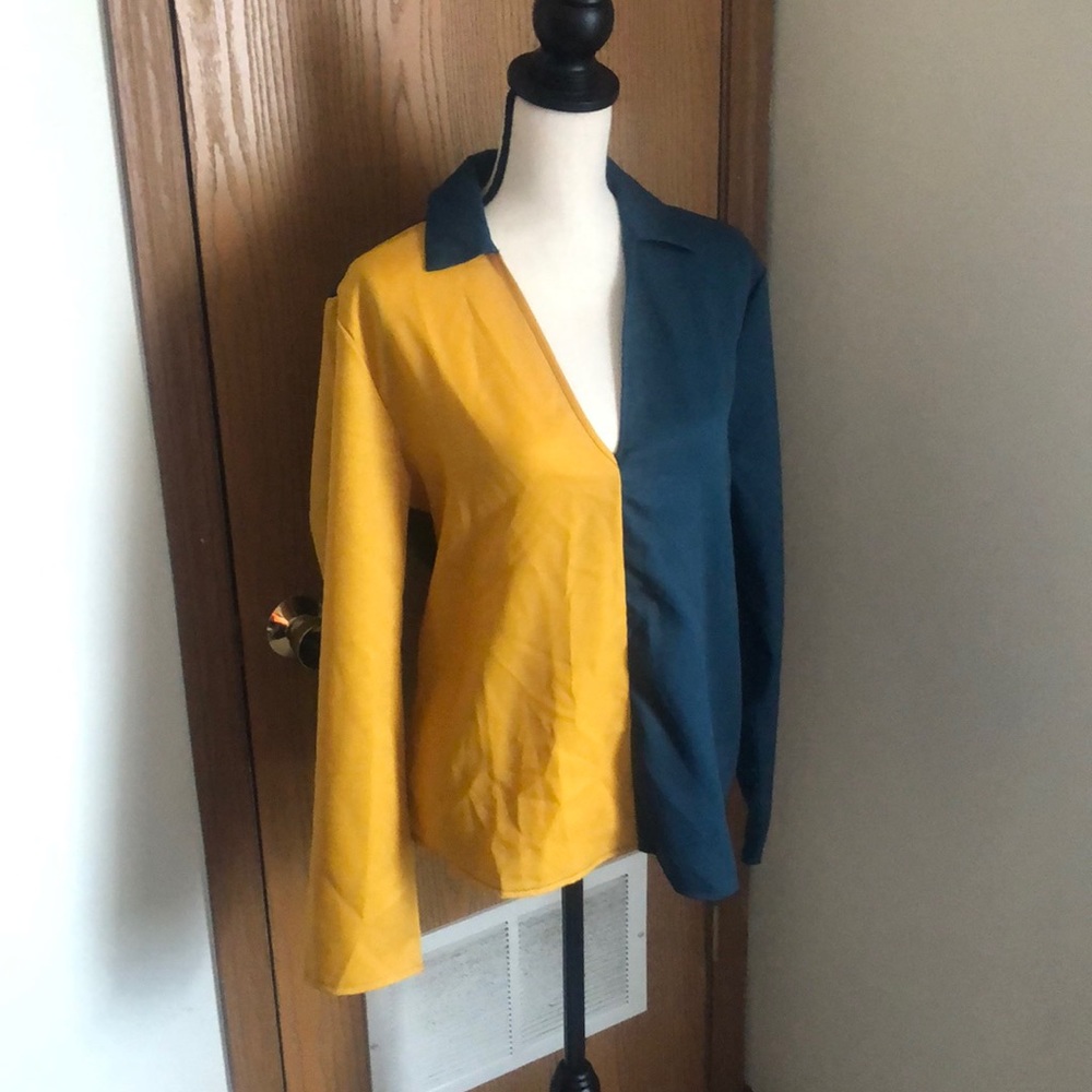 Two tones v neck long sleeve blouse